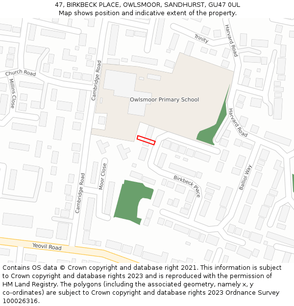 47, BIRKBECK PLACE, OWLSMOOR, SANDHURST, GU47 0UL: Location map and indicative extent of plot