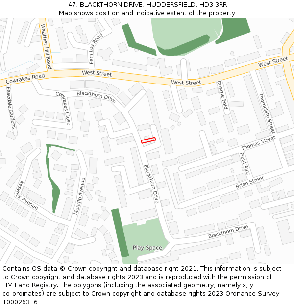 47, BLACKTHORN DRIVE, HUDDERSFIELD, HD3 3RR: Location map and indicative extent of plot