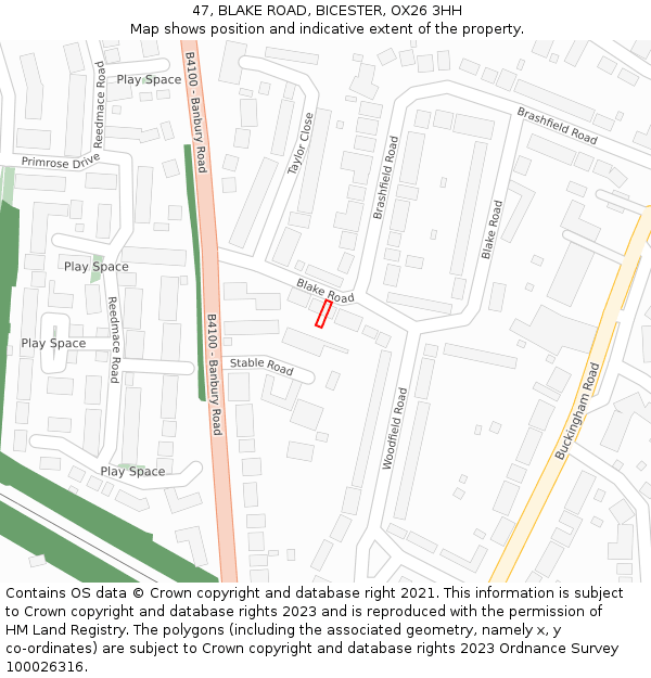 47, BLAKE ROAD, BICESTER, OX26 3HH: Location map and indicative extent of plot
