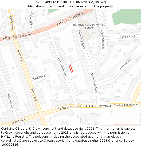 47, BLAKELAND STREET, BIRMINGHAM, B9 5XQ: Location map and indicative extent of plot