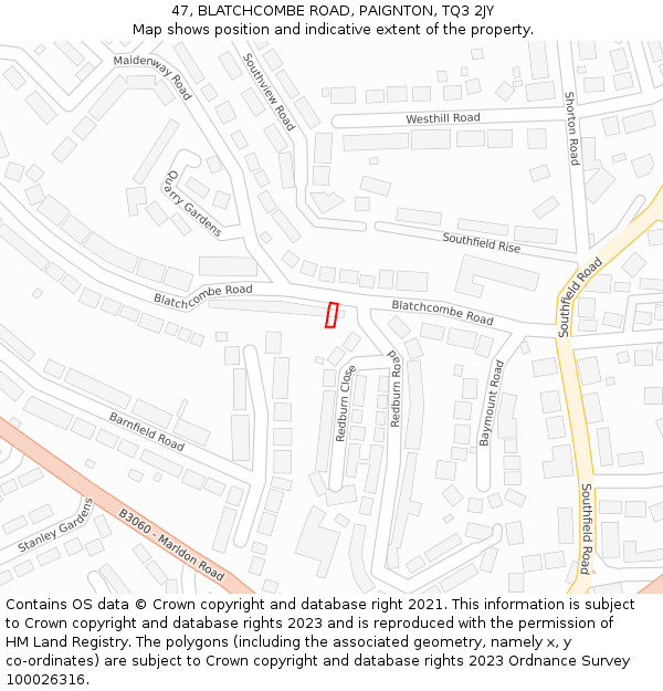 47, BLATCHCOMBE ROAD, PAIGNTON, TQ3 2JY: Location map and indicative extent of plot