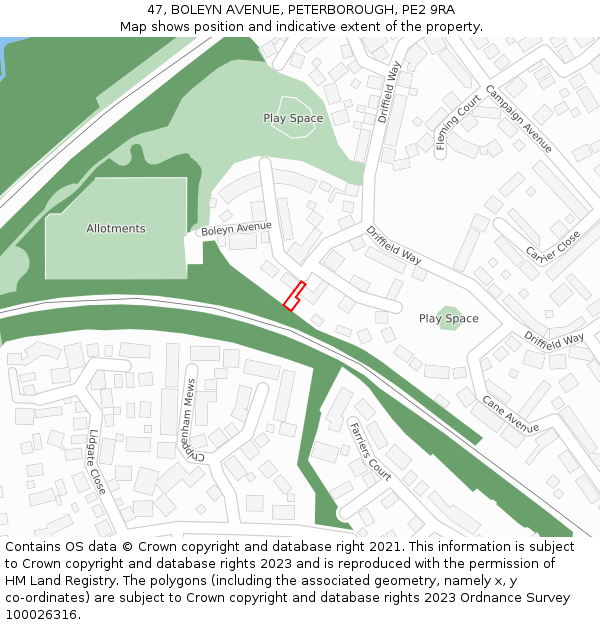 47, BOLEYN AVENUE, PETERBOROUGH, PE2 9RA: Location map and indicative extent of plot