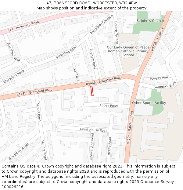 47, BRANSFORD ROAD, WORCESTER, WR2 4EW: Location map and indicative extent of plot
