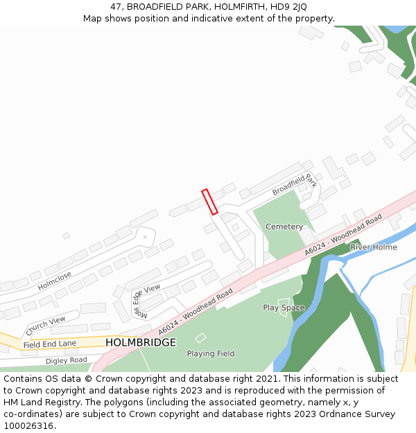 47, BROADFIELD PARK, HOLMFIRTH, HD9 2JQ: Location map and indicative extent of plot