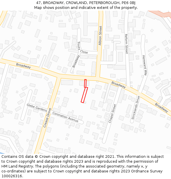47, BROADWAY, CROWLAND, PETERBOROUGH, PE6 0BJ: Location map and indicative extent of plot