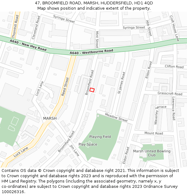 47, BROOMFIELD ROAD, MARSH, HUDDERSFIELD, HD1 4QD: Location map and indicative extent of plot
