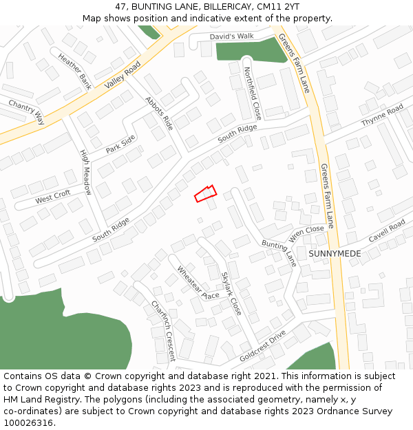 47, BUNTING LANE, BILLERICAY, CM11 2YT: Location map and indicative extent of plot