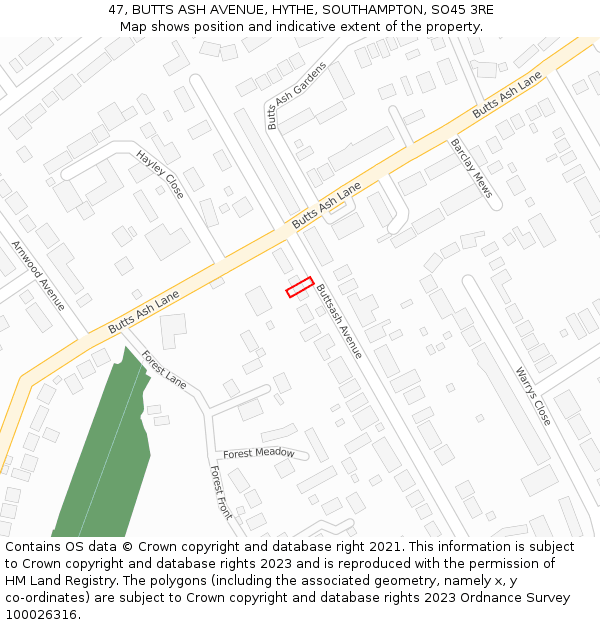 47, BUTTS ASH AVENUE, HYTHE, SOUTHAMPTON, SO45 3RE: Location map and indicative extent of plot