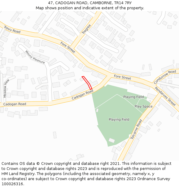 47, CADOGAN ROAD, CAMBORNE, TR14 7RY: Location map and indicative extent of plot