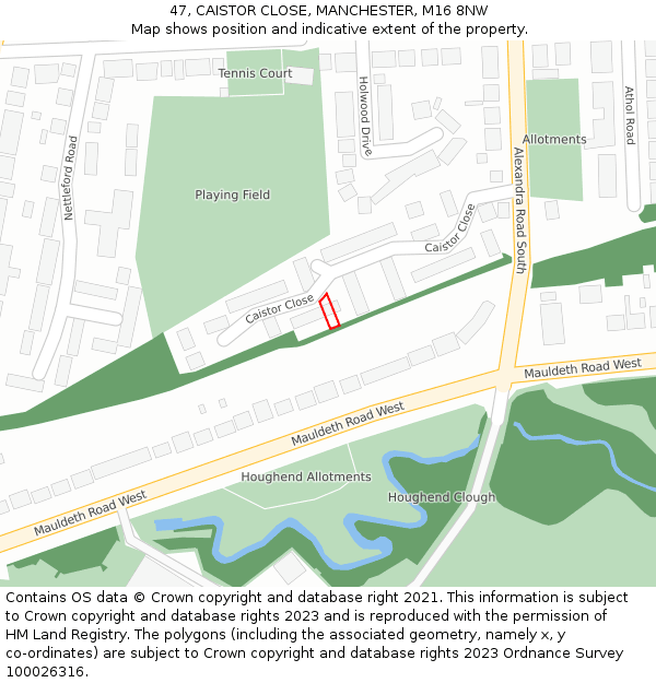 47, CAISTOR CLOSE, MANCHESTER, M16 8NW: Location map and indicative extent of plot