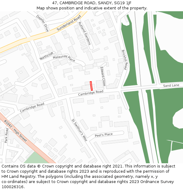 47, CAMBRIDGE ROAD, SANDY, SG19 1JF: Location map and indicative extent of plot
