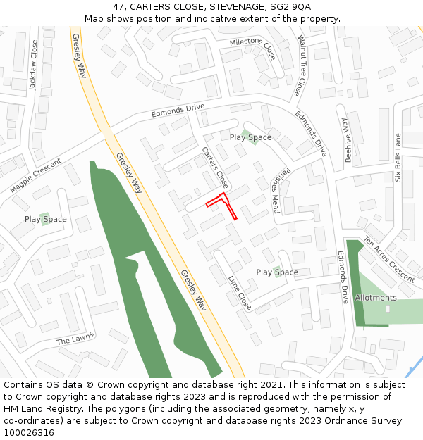 47, CARTERS CLOSE, STEVENAGE, SG2 9QA: Location map and indicative extent of plot