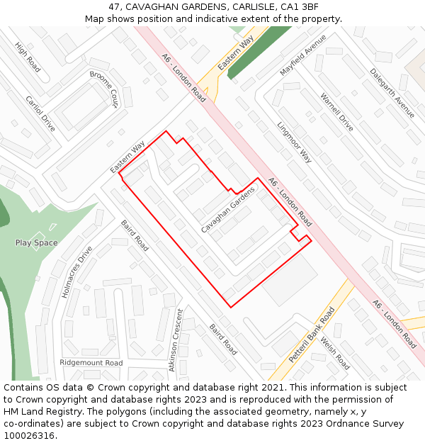 47, CAVAGHAN GARDENS, CARLISLE, CA1 3BF: Location map and indicative extent of plot