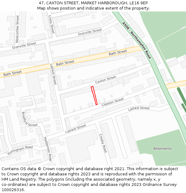 47, CAXTON STREET, MARKET HARBOROUGH, LE16 9EP: Location map and indicative extent of plot