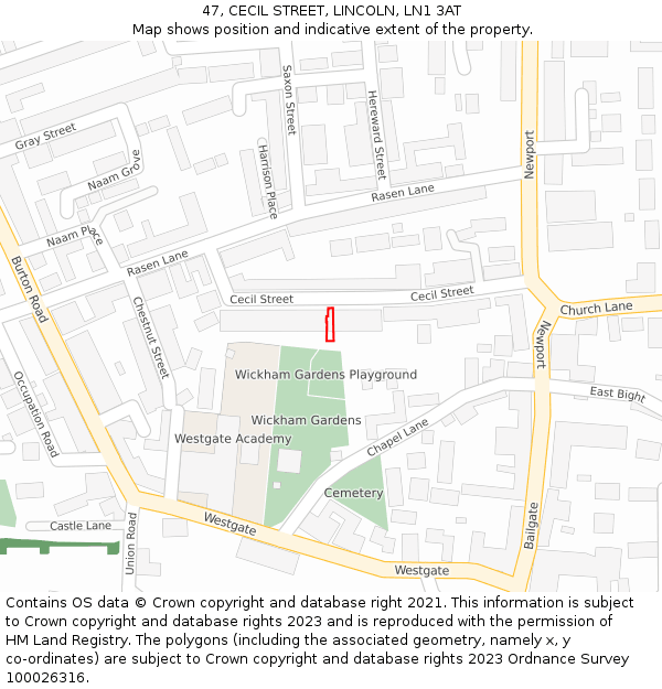 47, CECIL STREET, LINCOLN, LN1 3AT: Location map and indicative extent of plot