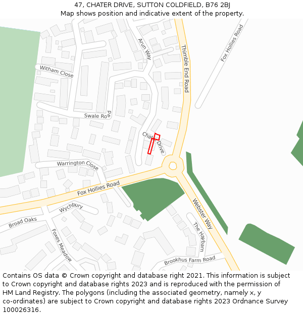 47, CHATER DRIVE, SUTTON COLDFIELD, B76 2BJ: Location map and indicative extent of plot
