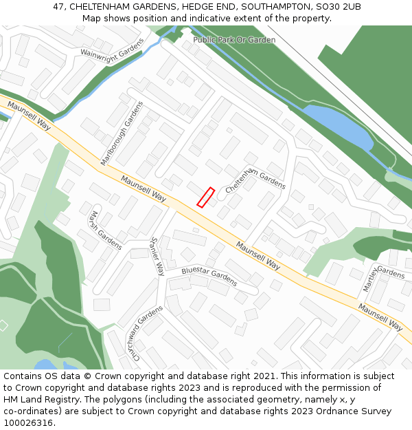 47, CHELTENHAM GARDENS, HEDGE END, SOUTHAMPTON, SO30 2UB: Location map and indicative extent of plot