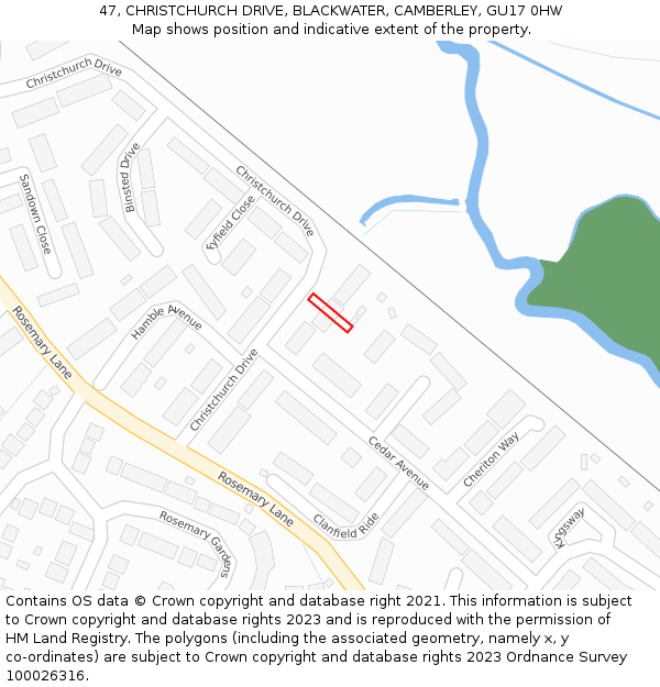 47, CHRISTCHURCH DRIVE, BLACKWATER, CAMBERLEY, GU17 0HW: Location map and indicative extent of plot