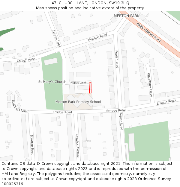 47, CHURCH LANE, LONDON, SW19 3HQ: Location map and indicative extent of plot