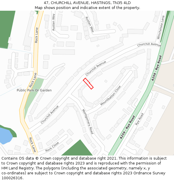 47, CHURCHILL AVENUE, HASTINGS, TN35 4LD: Location map and indicative extent of plot