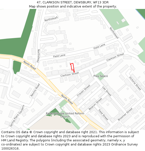 47, CLARKSON STREET, DEWSBURY, WF13 3DR: Location map and indicative extent of plot