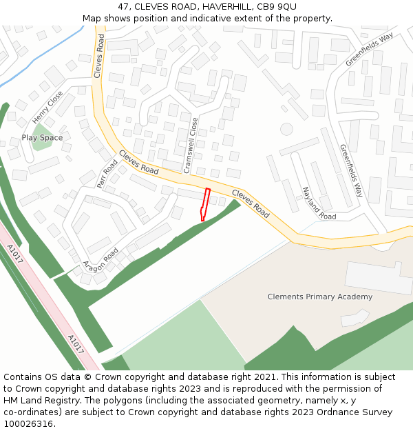 47, CLEVES ROAD, HAVERHILL, CB9 9QU: Location map and indicative extent of plot