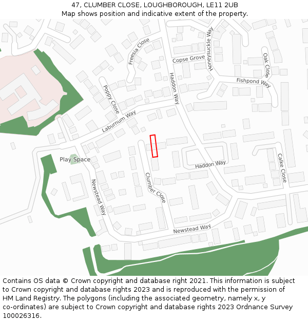 47, CLUMBER CLOSE, LOUGHBOROUGH, LE11 2UB: Location map and indicative extent of plot