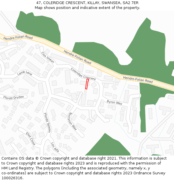 47, COLERIDGE CRESCENT, KILLAY, SWANSEA, SA2 7ER: Location map and indicative extent of plot