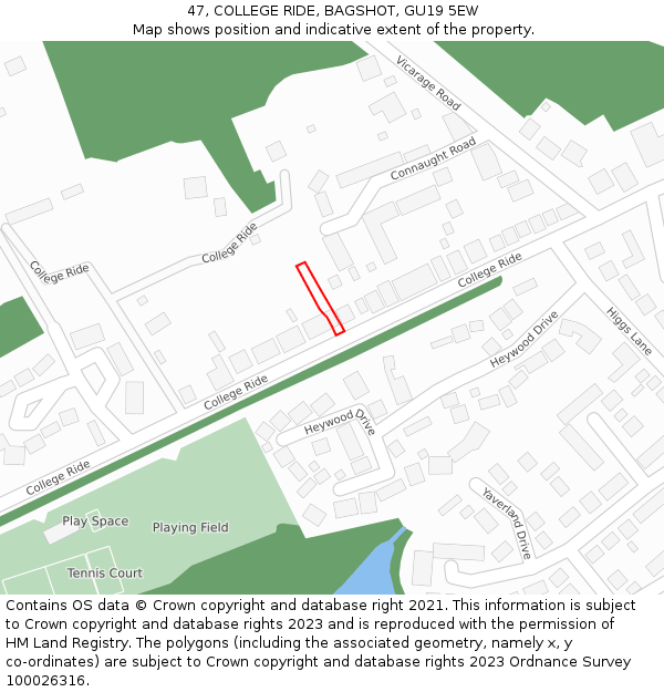 47, COLLEGE RIDE, BAGSHOT, GU19 5EW: Location map and indicative extent of plot