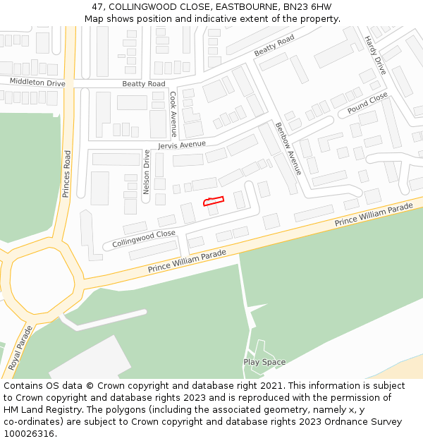 47, COLLINGWOOD CLOSE, EASTBOURNE, BN23 6HW: Location map and indicative extent of plot