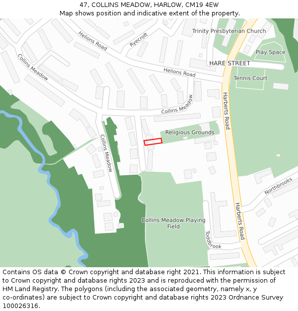 47, COLLINS MEADOW, HARLOW, CM19 4EW: Location map and indicative extent of plot