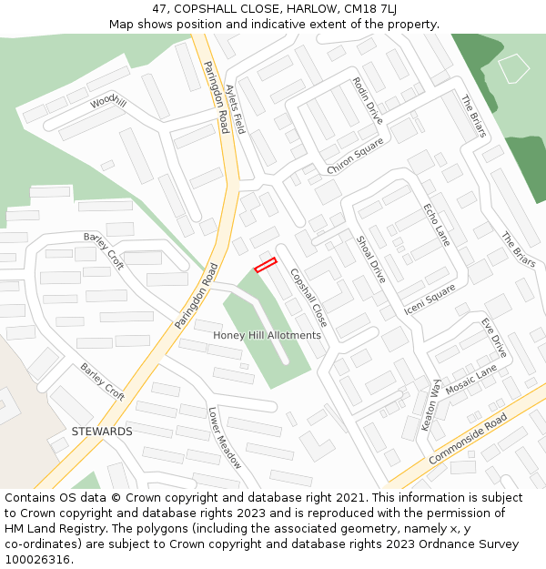 47, COPSHALL CLOSE, HARLOW, CM18 7LJ: Location map and indicative extent of plot
