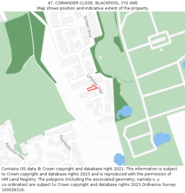 47, CORIANDER CLOSE, BLACKPOOL, FY2 0WE: Location map and indicative extent of plot