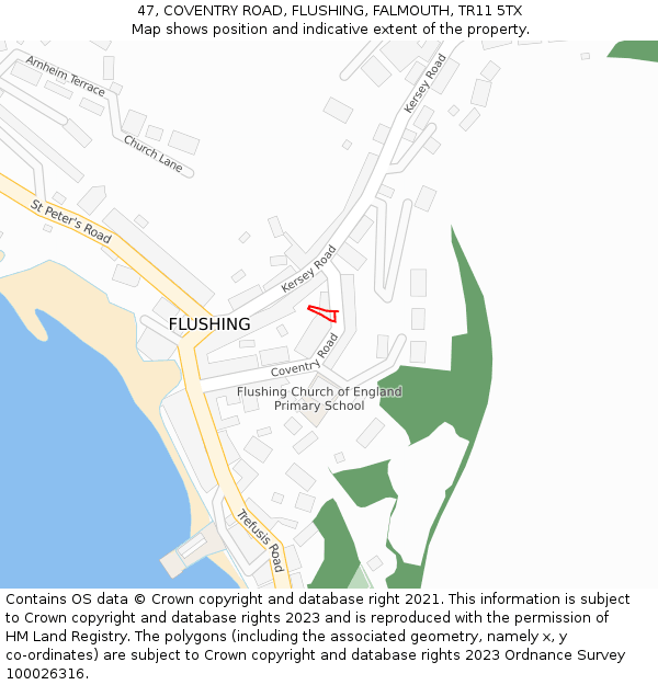 47, COVENTRY ROAD, FLUSHING, FALMOUTH, TR11 5TX: Location map and indicative extent of plot