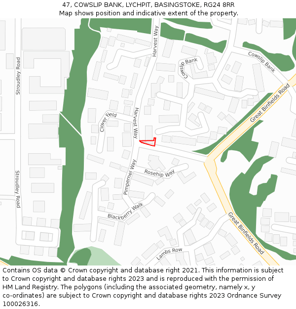 47, COWSLIP BANK, LYCHPIT, BASINGSTOKE, RG24 8RR: Location map and indicative extent of plot