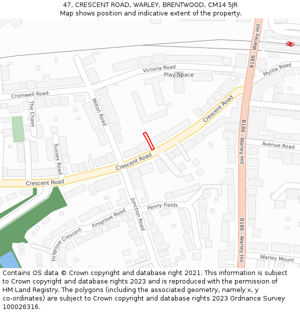 47, CRESCENT ROAD, WARLEY, BRENTWOOD, CM14 5JR: Location map and indicative extent of plot
