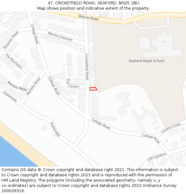 47, CRICKETFIELD ROAD, SEAFORD, BN25 1BU: Location map and indicative extent of plot