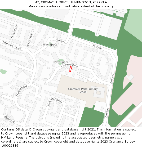 47, CROMWELL DRIVE, HUNTINGDON, PE29 6LA: Location map and indicative extent of plot