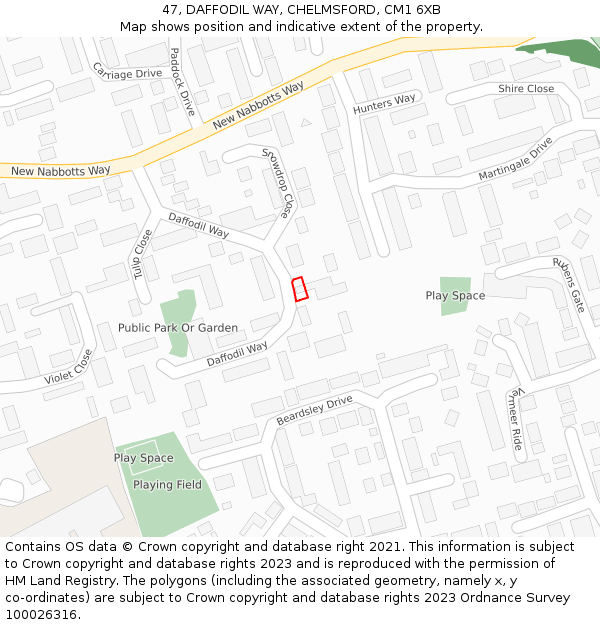 47, DAFFODIL WAY, CHELMSFORD, CM1 6XB: Location map and indicative extent of plot