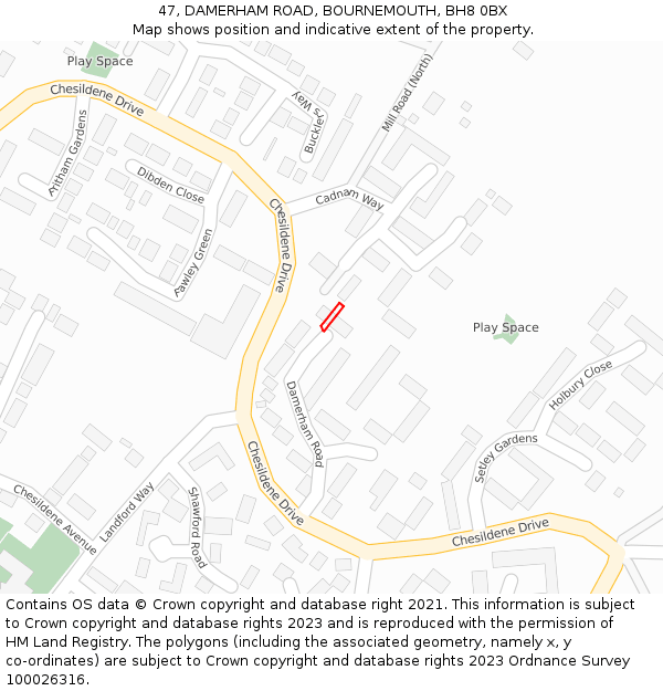 47, DAMERHAM ROAD, BOURNEMOUTH, BH8 0BX: Location map and indicative extent of plot
