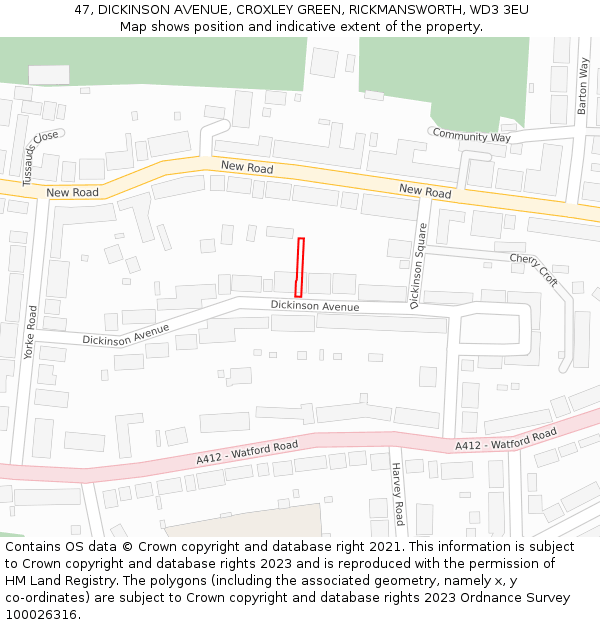 47, DICKINSON AVENUE, CROXLEY GREEN, RICKMANSWORTH, WD3 3EU: Location map and indicative extent of plot