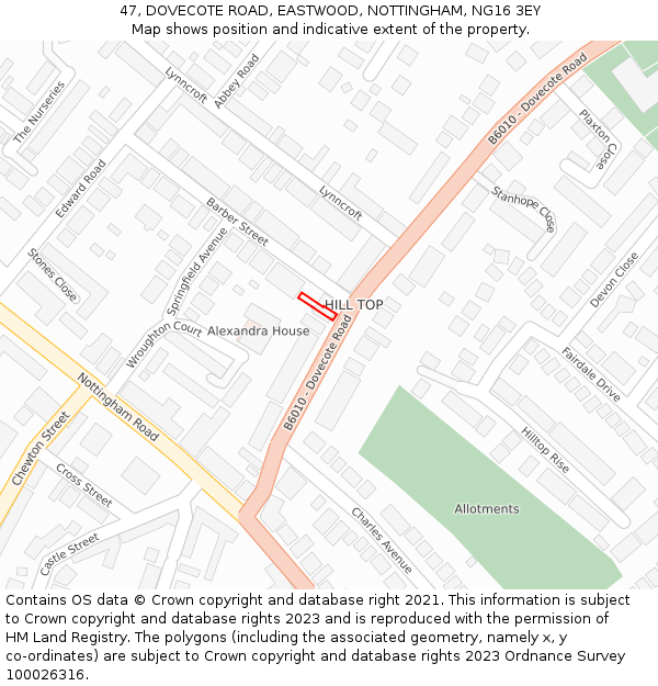 47, DOVECOTE ROAD, EASTWOOD, NOTTINGHAM, NG16 3EY: Location map and indicative extent of plot