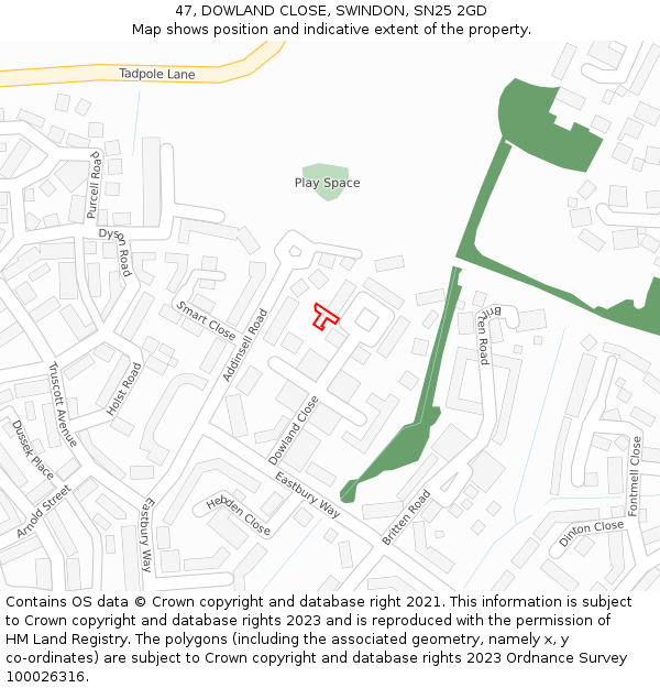 47, DOWLAND CLOSE, SWINDON, SN25 2GD: Location map and indicative extent of plot