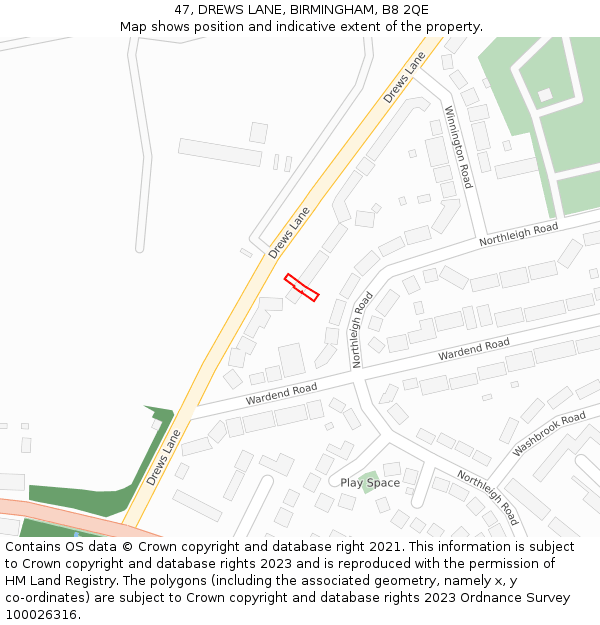 47, DREWS LANE, BIRMINGHAM, B8 2QE: Location map and indicative extent of plot