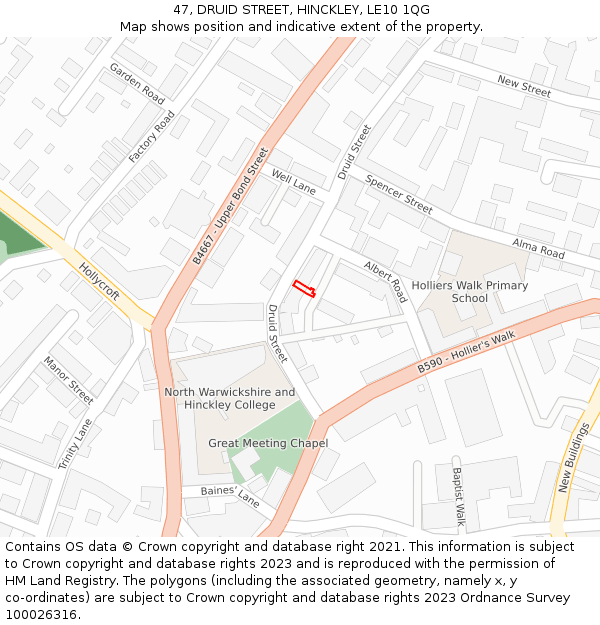 47, DRUID STREET, HINCKLEY, LE10 1QG: Location map and indicative extent of plot