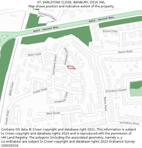 47, EARLSTOKE CLOSE, BANBURY, OX16 3WL: Location map and indicative extent of plot