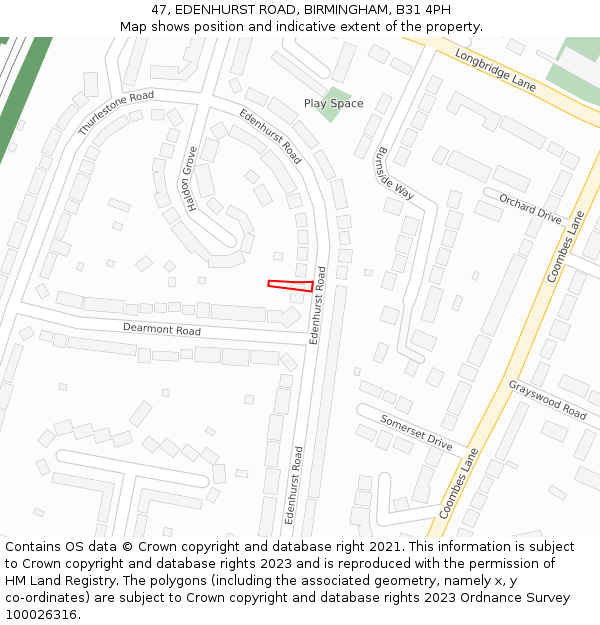 47, EDENHURST ROAD, BIRMINGHAM, B31 4PH: Location map and indicative extent of plot