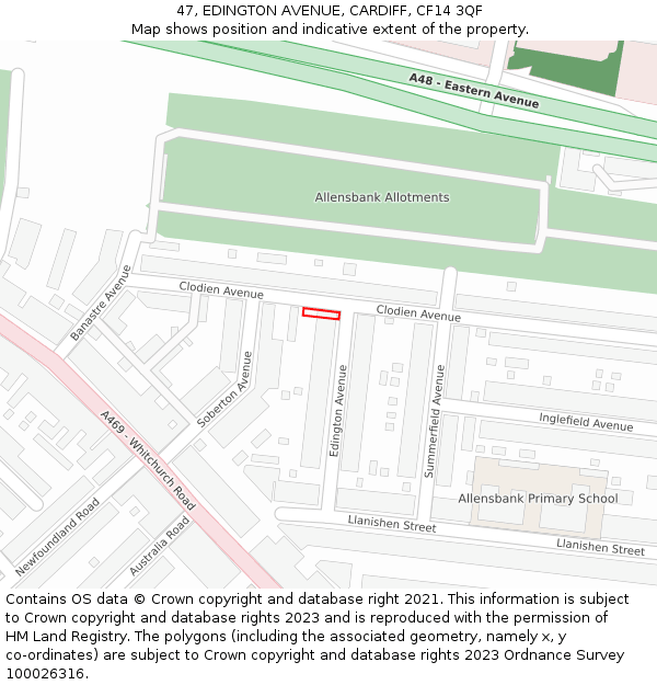 47, EDINGTON AVENUE, CARDIFF, CF14 3QF: Location map and indicative extent of plot