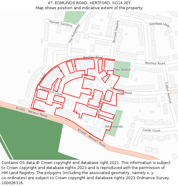 47, EDMUNDS ROAD, HERTFORD, SG14 2EY: Location map and indicative extent of plot