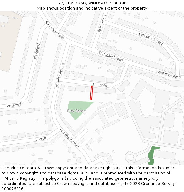 47, ELM ROAD, WINDSOR, SL4 3NB: Location map and indicative extent of plot
